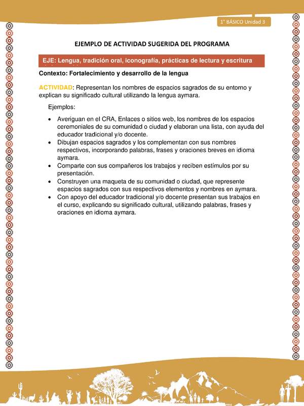 Actividad sugerida LC01 - Aymara - U03 - N°10: Representan los nombres de espacios sagrados de su entorno y explican su significado cultural utilizando la lengua aymara