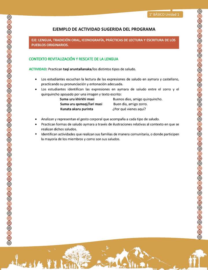 Actividad sugerida LC01 - Aymara - U01 - N°5: Practican taqi aruntañanaka/los distintos tipos de saludo.