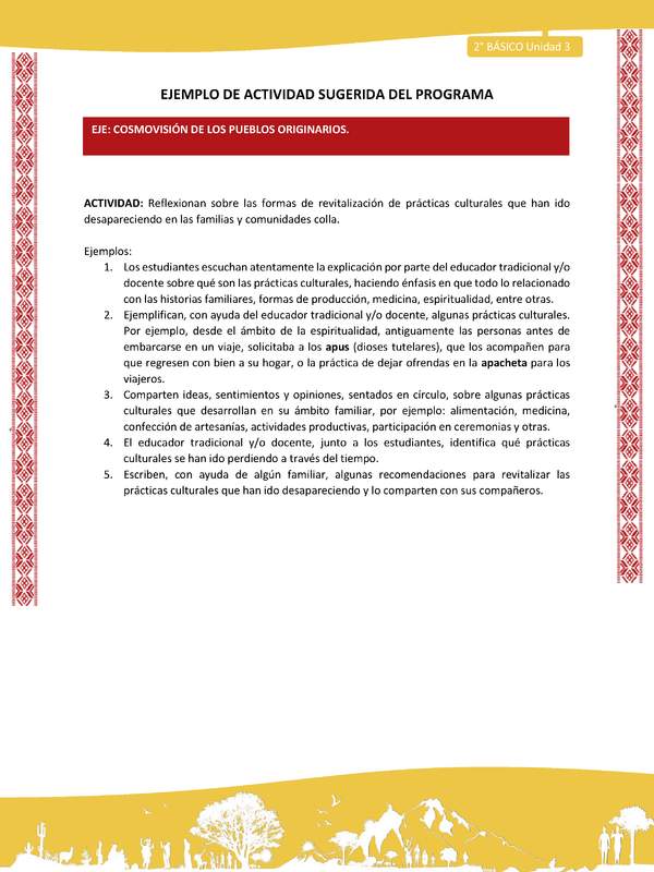 Actividad sugerida: LC02 - Colla - U3 - N°6: Reflexionan sobre las formas de revitalización de prácticas culturales que han ido desapareciendo en las familias y comunidades colla.