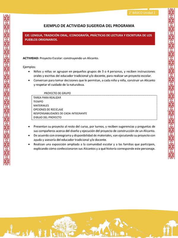 Actividad sugerida: LC02 - Colla - U2 - N°4: Proyecto Escolar: construyendo un Alicanto.