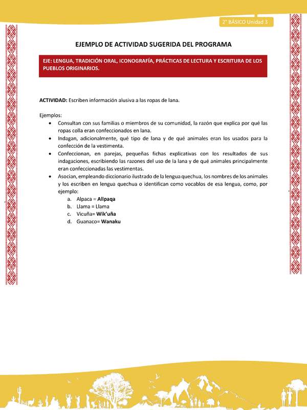 Actividad sugerida: LC02 - Colla - U3 - N°2: Escriben información alusiva a las ropas de lana.