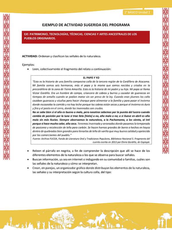 Actividad sugerida: LC02 - Colla - U2 - N°10: Ordenan y clasifican las señales de la naturaleza.