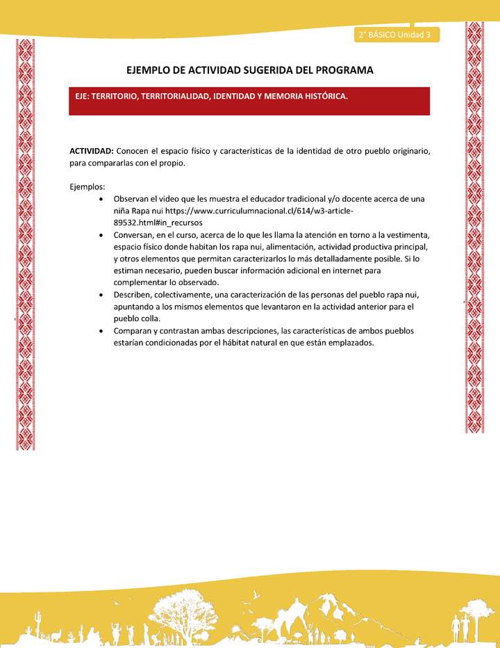 Actividad sugerida: LC02 - Colla - U3 - N°4: Conocen el espacio físico y características de la identidad de otro pueblo originario, para compararlas con el propio.