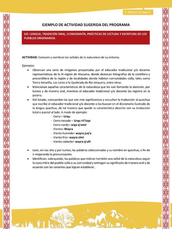 Actividad sugerida: LC02 - Colla - U4 - N°1: Conocen y nombran las señales de la naturaleza de su entorno.