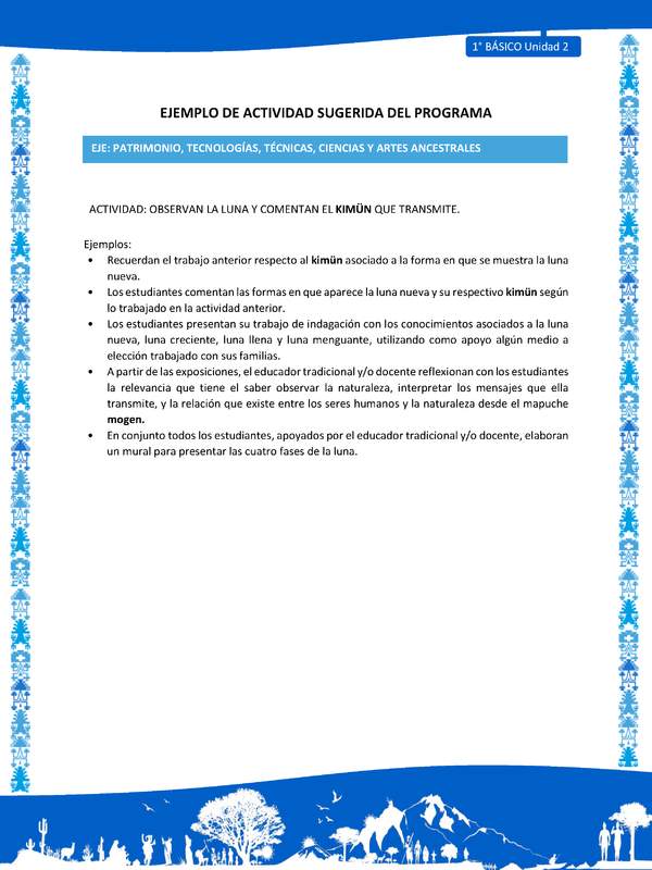 Actividad sugerida: LC01 - Mapuche - U2 - N°11: OBSERVAN LA LUNA Y COMENTAN EL KIMÜN QUE TRANSMITE.