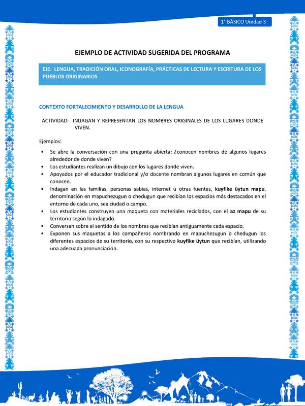 Actividad sugerida: LC01 - Mapuche - U3 - N°5: INDAGAN Y REPRESENTAN LOS NOMBRES ORIGINALES DE LOS LUGARES DONDE VIVEN.