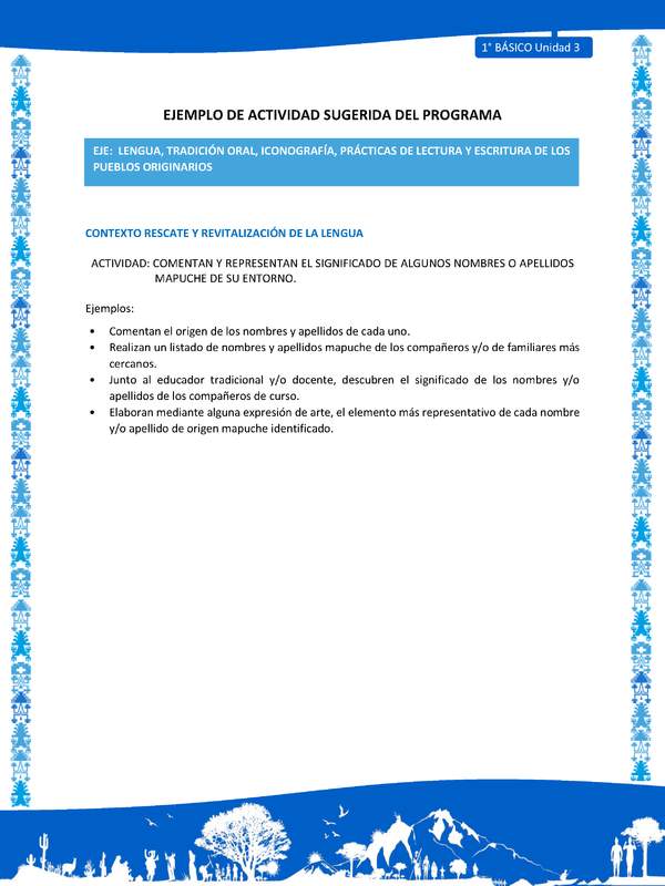 Actividad sugerida: LC01 - Mapuche - U3 - N°4: COMENTAN Y REPRESENTAN EL SIGNIFICADO DE ALGUNOS NOMBRES O APELLIDOS MAPUCHE DE SU ENTORNO.