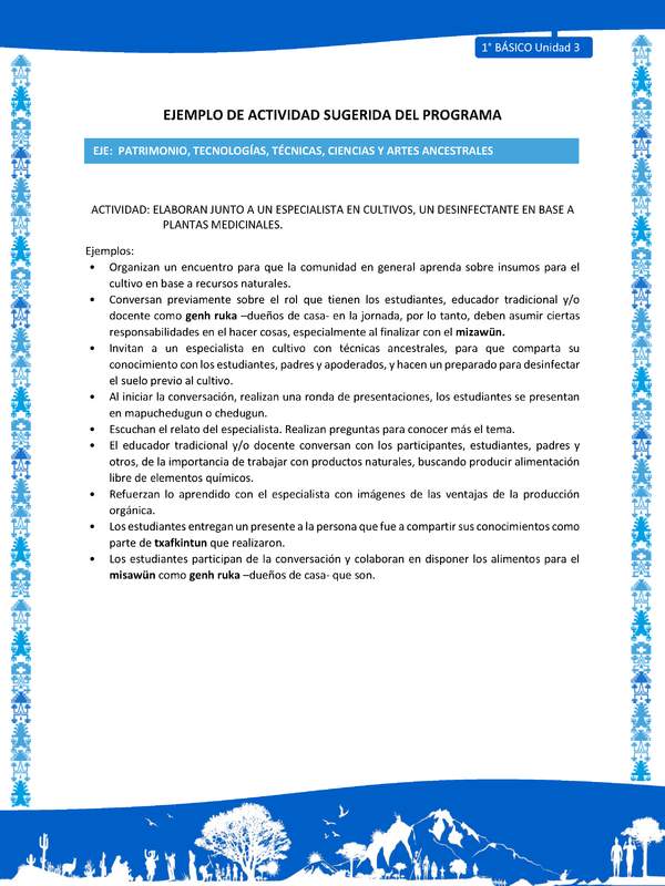 Actividad sugerida: LC01 - Mapuche - U3 - N°12: ELABORAN JUNTO A UN ESPECIALISTA EN CULTIVOS, UN DESINFECTANTE EN BASE A PLANTAS MEDICINALES.