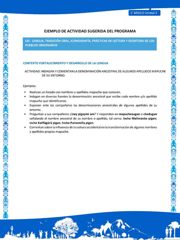 Actividad sugerida: LC01 - Mapuche - U3 - N°6: INDAGAN Y COMENTAN LA DENOMINACIÓN ANCESTRAL DE ALGUNOS APELLIDOS MAPUCHE DE SU ENTORNO.