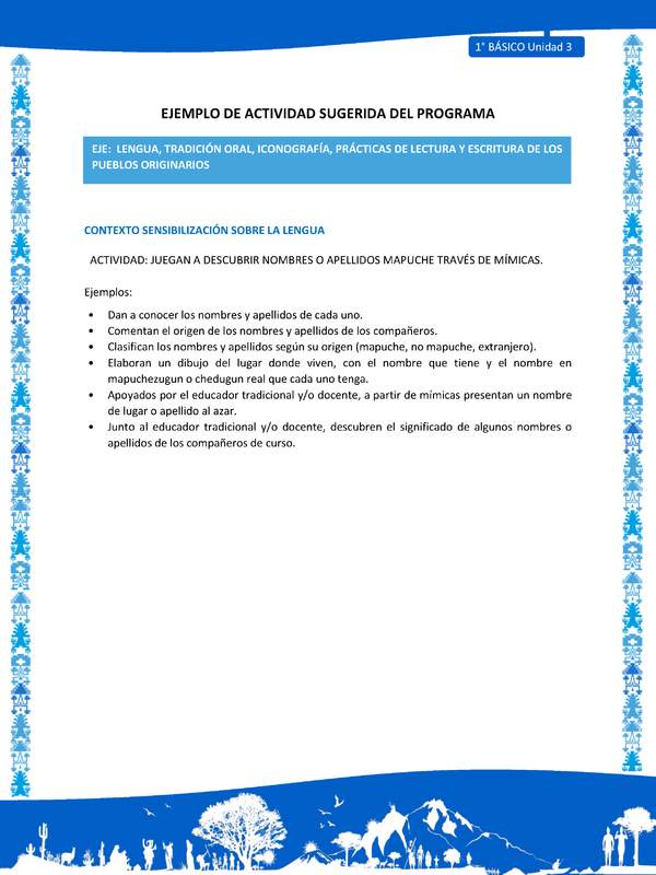 Actividad sugerida: LC01 - Mapuche - U3 - N°2: JUEGAN A DESCUBRIR NOMBRES O APELLIDOS MAPUCHE TRAVÉS DE MÍMICAS.