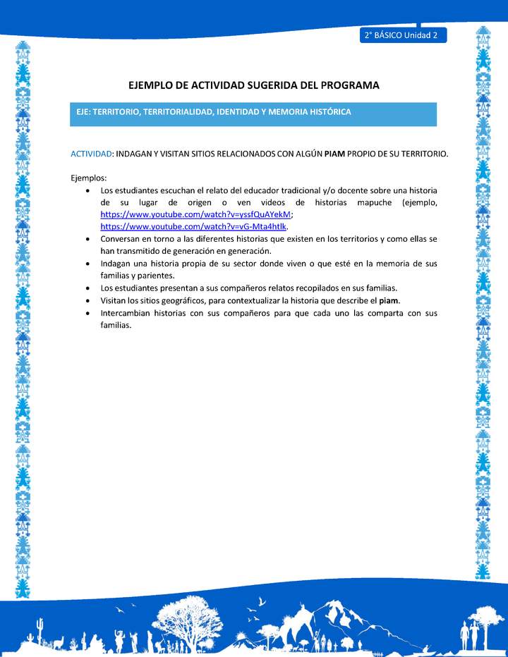 Actividad sugerida: LC02 - Mapuche - U2 - N°4: INDAGAN Y VISITAN SITIOS RELACIONADOS CON ALGÚN PIAM PROPIO DE SU TERRITORIO.