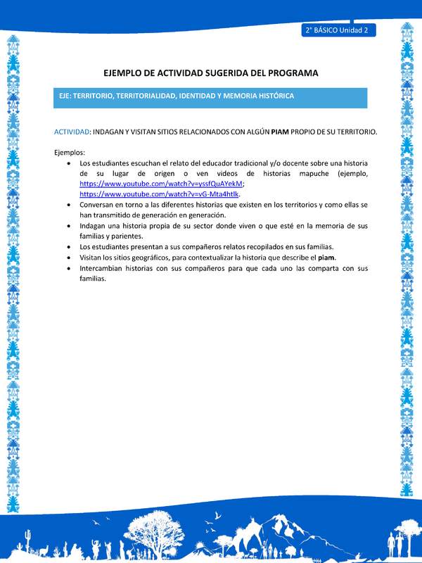 Actividad sugerida: LC02 - Mapuche - U2 - N°4: INDAGAN Y VISITAN SITIOS RELACIONADOS CON ALGÚN PIAM PROPIO DE SU TERRITORIO.