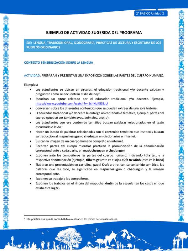Actividad sugerida: LC02 - Mapuche - U2 - N°1:PREPARAN Y PRESENTAN UNA EXPOSICIÓN SOBRE LAS PARTES DEL CUERPO HUMANO.