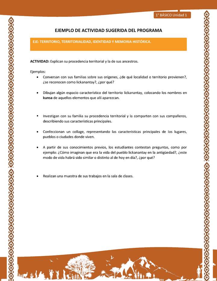 Actividad sugerida: LC01 - Lickanantay - U1 - N°5: EXPLICAN SU PROCEDENCIA TERRITORIAL Y LA DE SUS ANCESTROS