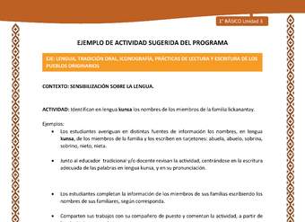 Actividad sugerida: LC01 - Lickanantay - U3 - N°1: IDENTIFICAN EN LENGUA KUNSA LOS NOMBRES DE LOS MIEMBROS DE LA FAMILIA LICKANANTAY.