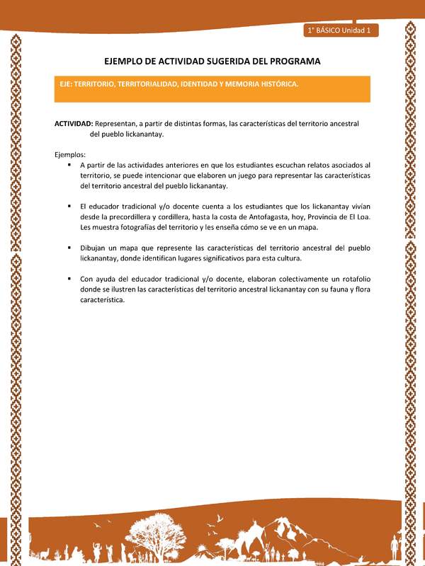 Actividad sugerida: LC01 - Lickanantay - U1 - N°6: REPRESENTAN, A PARTIR DE DISTINTAS FORMAS, LAS CARACTERÍSTICAS DEL TERRITORIO ANCESTRAL DEL PUEBLO LICKANANTAY.