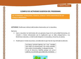 Actividad sugerida: LC02 - Lickanantay - U2 - N°10: PARAFRASEAN RELATOS TRADICIONALES RELACIONADOS CON LA NATURALEZA.