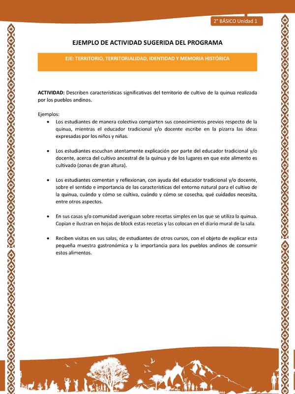 Actividad sugerida: LC02 - Lickanantay - U1 - N°6: DESCRIBEN CARACTERÍSTICAS SIGNIFICATIVAS DEL TERRITORIO DE CULTIVO DE LA QUINUA REALIZADA POR LOS PUEBLOS ANDINOS.