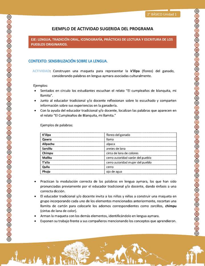 Actividad sugerida Nº 3 - LC02 - LS -AYM-U1-03-2B-LS-Construyen una maqueta para representar la k’illpa (floreo) del ganado, considerando palabras en lengua aymara asociadas culturalmente.