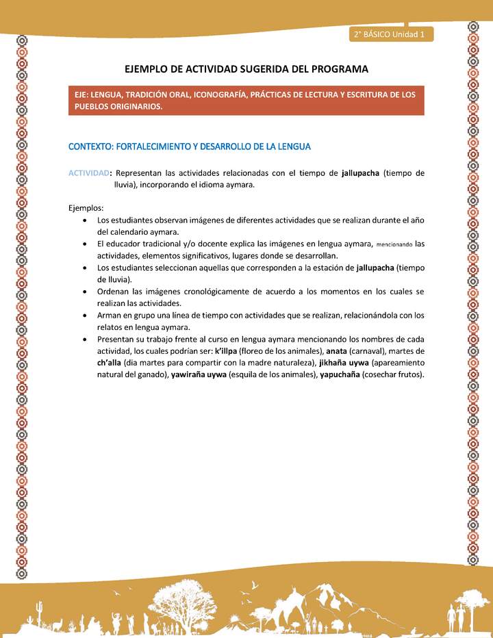 Actividad sugerida Nº 8 - LC02 - AYM-U1-08-2B-LF-Representan las actividades relacionadas con el tiempo de jallupacha (tiempo de lluvia), incorporando el idioma aymara.