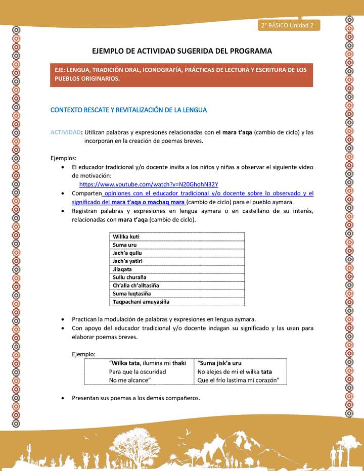 Actividad sugerida Nº 6- LC02 - AYM-U2-01-LR- Utilizan palabras y expresiones relacionadas con el mara t’aqa (cambio de ciclo) y las incorporan en la creación de poemas breves.