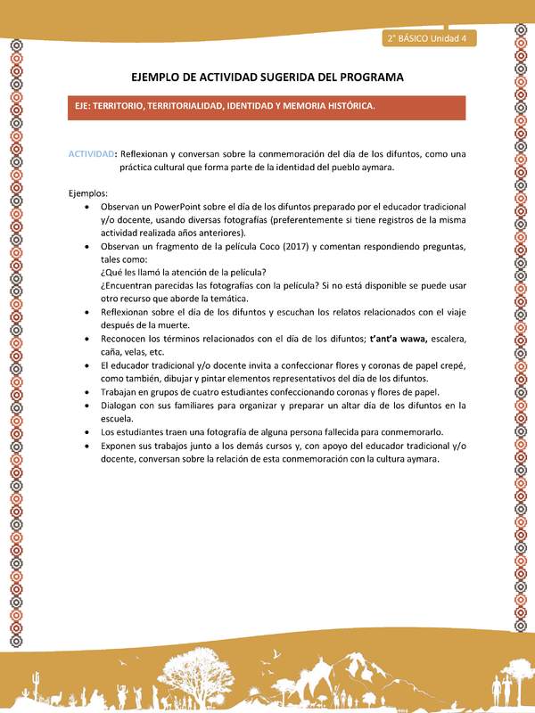 Actividad sugerida Nº 9- LC02 - AYM-U3-9-AYM-U4-09-2B-ET-Reflexionan y conversan sobre la conmemoración del día de los difuntos, como una práctica cultural que forma parte de la identidad del pueblo aymara.