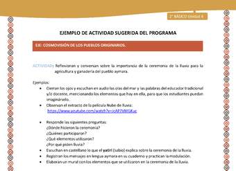 Actividad sugerida Nº 11- LC02 - AYM-U3-11-AYM-U4-11-2B-ECO-Reflexionan y conversan sobre la importancia de la ceremonia de la lluvia para la agricultura y ganadería del pueblo aymara.