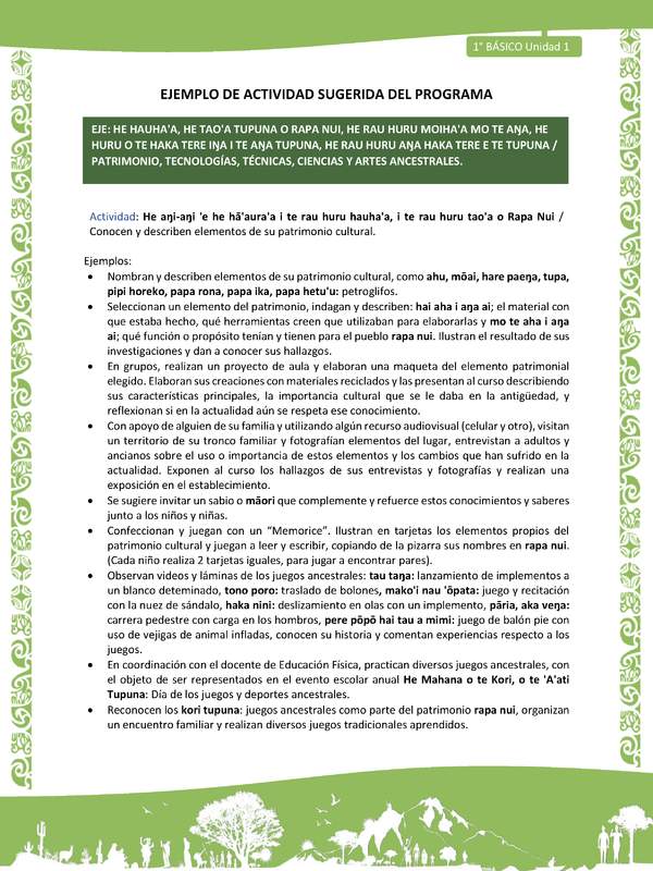 Actividad sugerida LC01 - Rapa Nui - U1 - N°16: Conocen y describen elementos de su patrimonio cultural.