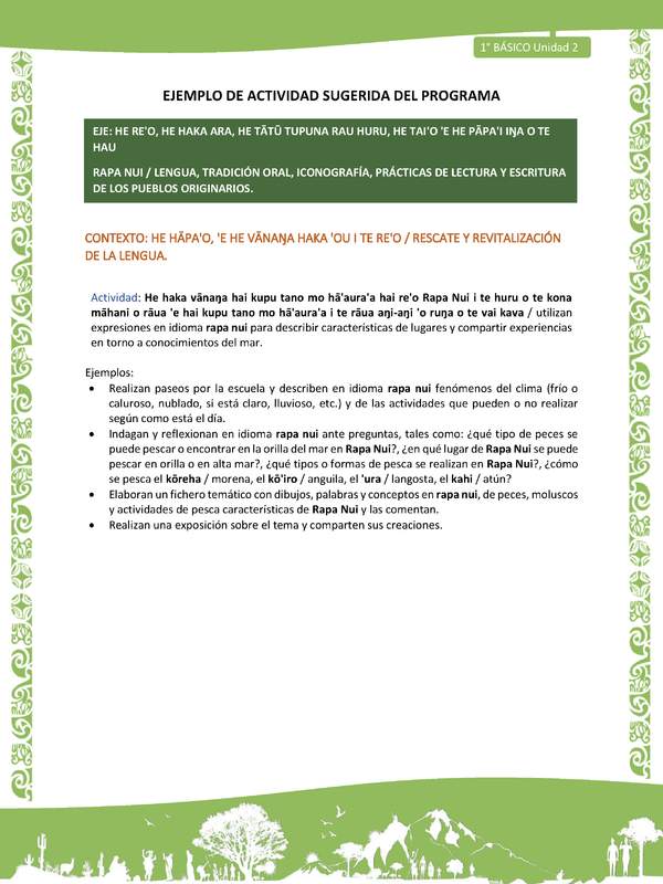 Actividad sugerida LC01 - Rapa Nui - U2 - N°23: utilizan expresiones en idioma rapa nui para describir características de lugares y compartir experiencias en torno a conocimientos del mar.