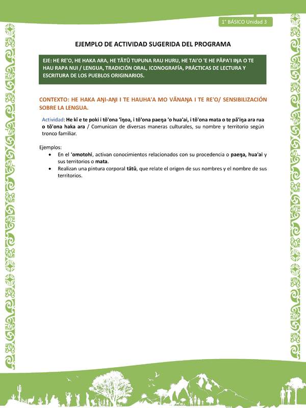 Actividad sugerida LC01 - Rapa Nui - U3 - N°44: Comunican de diversas maneras culturales, su nombre y territorio según tronco familiar.