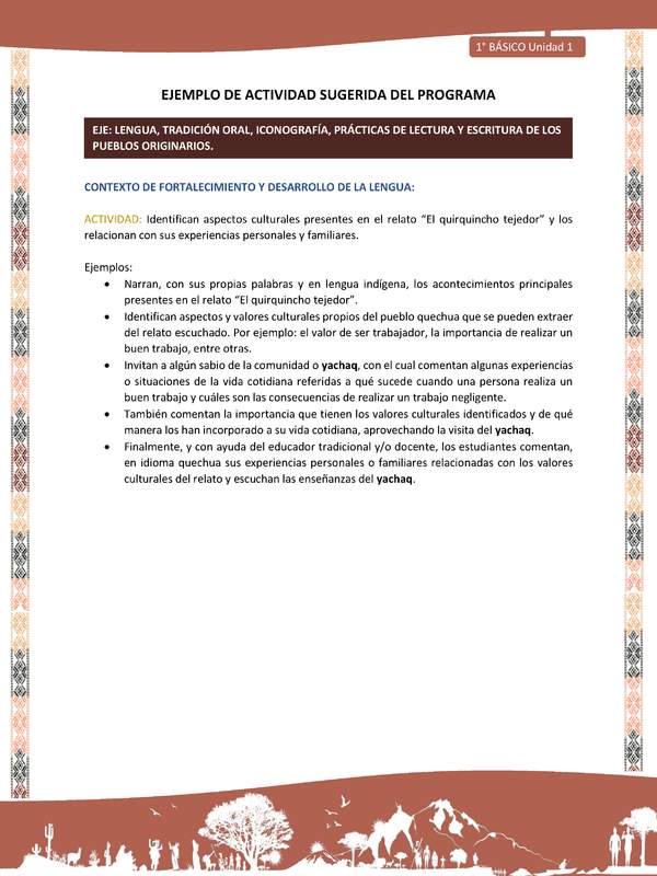 Actividad sugerida LC01 - Quechua - U1 - N°08: Identifican aspectos culturales presentes en el relato “El quirquincho tejedor” y los relacionan con sus experiencias personales y familiares.