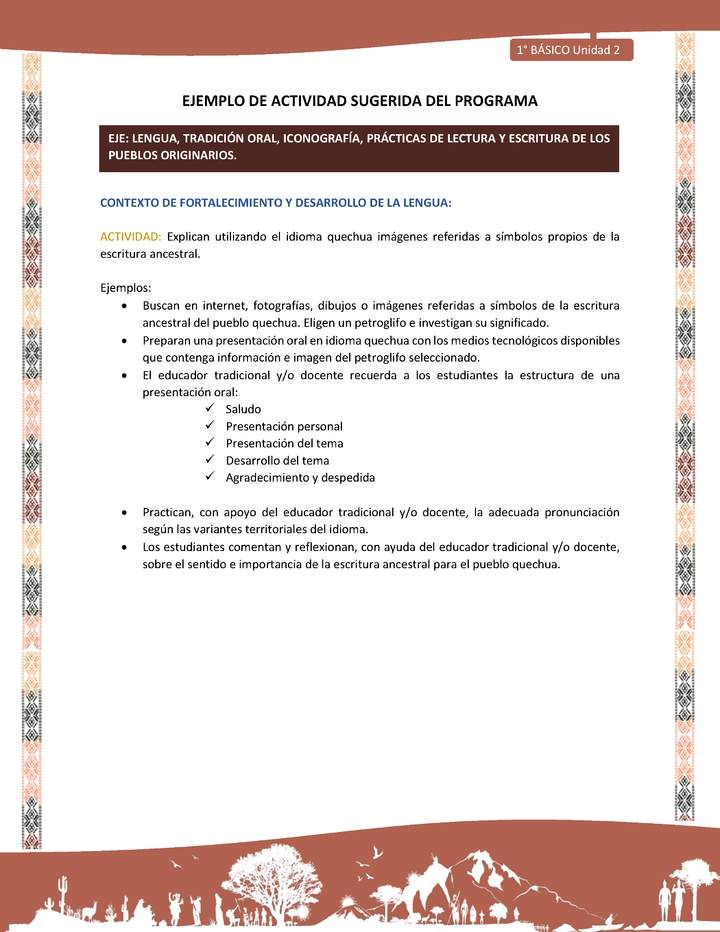 Actividad sugerida LC01 - Quechua - U2 - N°27: Explican utilizando el idioma quechua imágenes referidas a símbolos propios de la escritura ancestral.