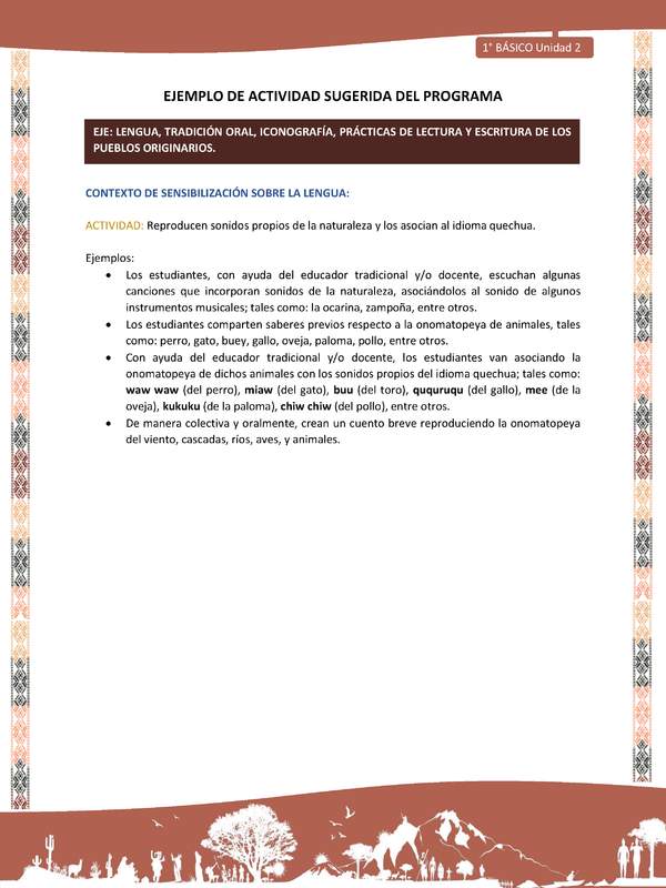 Actividad sugerida LC01 - Quechua - U2 - N°17: Reproducen sonidos propios de la naturaleza y los asocian al idioma quechua.