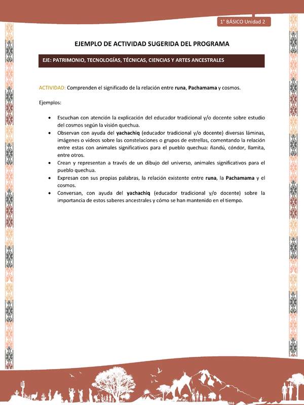 Actividad sugerida LC01 - Quechua - U2 - N°32: Comprenden el significado de la relación entre runa, Pachamama y cosmos.