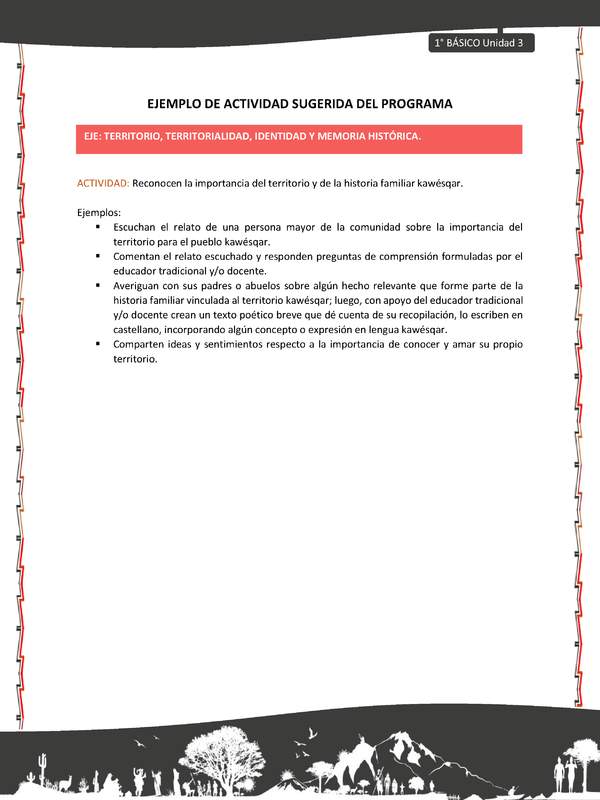 Actividad sugerida: LC01 - KAWÉSQAR - U3 - N°3: RECONOCEN LA IMPORTANCIA DEL TERRITORIO Y DE LA HISTORIA FAMILIAR KAWÉSQAR.
