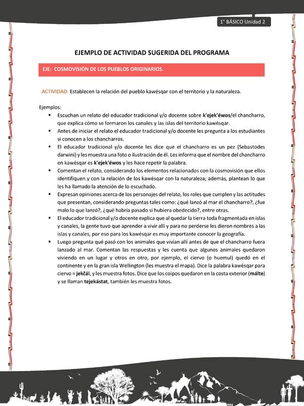 Actividad sugerida: LC01 - KAWÉSQAR - U2 - N°6: ESTABLECEN LA RELACIÓN DEL PUEBLO KAWÉSQAR CON EL TERRITORIO Y LA NATURALEZA.