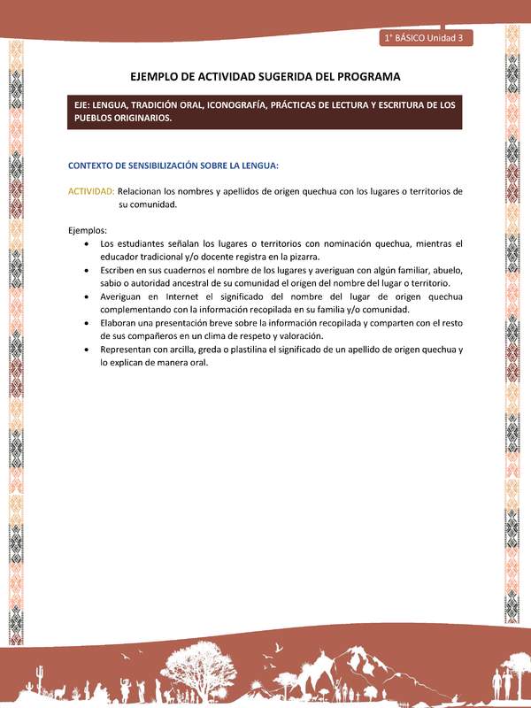 Actividad sugerida LC01 - Quechua - U3 - N°34: Relacionan los nombres y apellidos de origen quechua con los lugares o territorios de su comunidad.