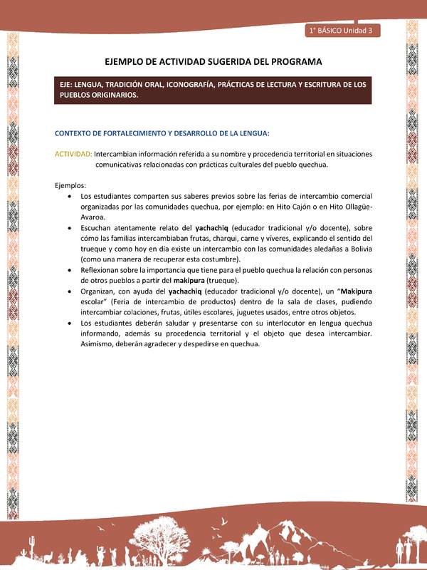 Actividad sugerida LC01 - Quechua - U3 - N°36:  Intercambian información referida a su nombre y procedencia territorial en situaciones comunicativas relacionadas con prácticas culturales del pueblo quechua.