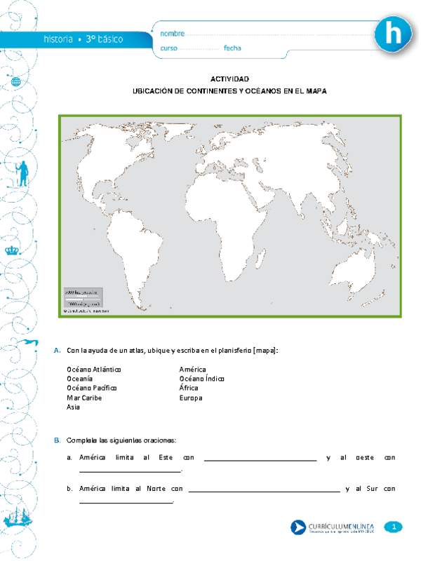 Ubicación de continentes y océanos en el mapa