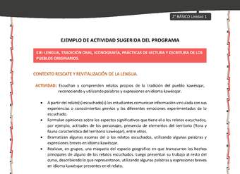 Actividad sugerida: LC02 - KAWÉSQAR - U1 - N°2: ESCUCHAN Y COMPRENDEN RELATOS PROPIOS DE LA TRADICIÓN DEL PUEBLO KAWÉSQAR, RECONOCIENDO Y UTILIZANDO PALABRAS Y EXPRESIONES EN IDIOMA KAWÉSQAR.