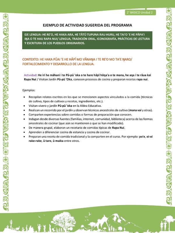 Actividad sugerida LC02 - Rapa Nui - U2 - N°22: Visitan Jardín Pū-pū 'Oka, conocen procesos de cocina y preparan recetas rapa nui.