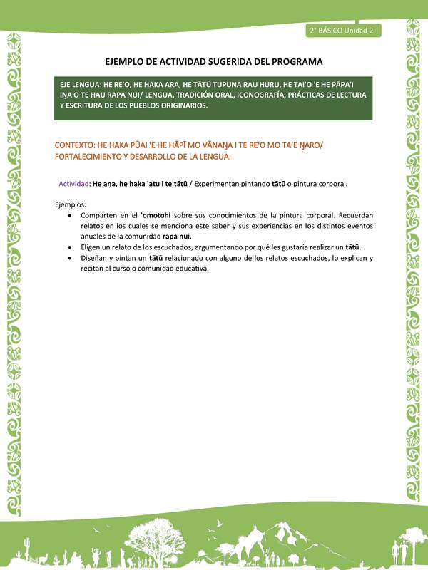 Actividad sugerida LC02 - Rapa Nui - U2 - N°19: Experimentan pintando tātū o pintura corporal.
