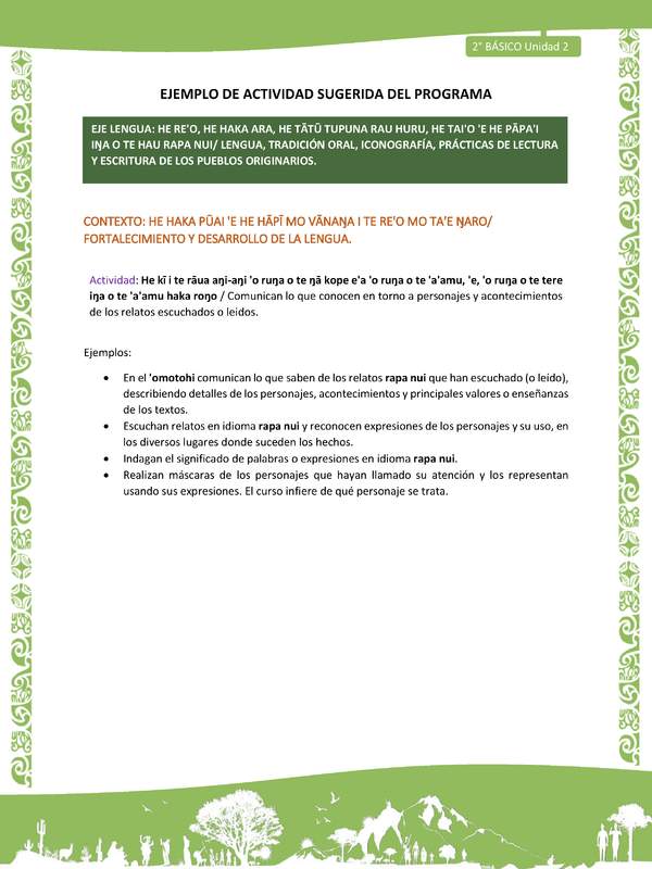 Actividad sugerida LC02 - Rapa Nui - U2 - N°11: Comunican lo que conocen en torno a personajes y acontecimientos de los relatos escuchados o leidos.