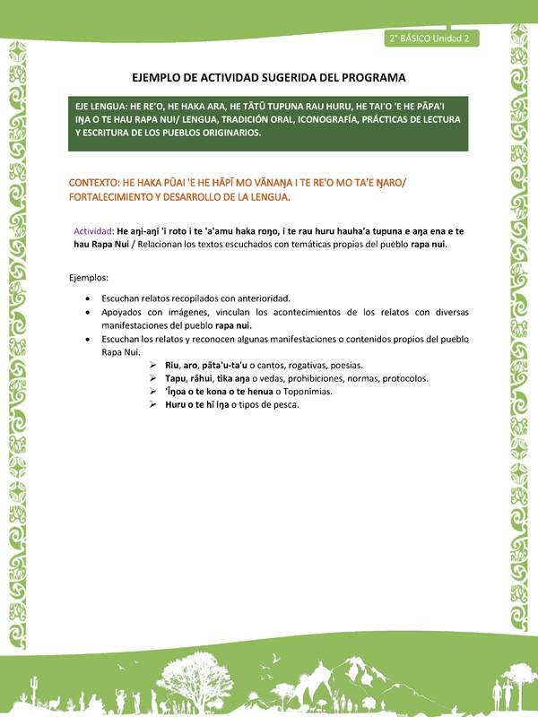 Actividad sugerida LC02 - Rapa Nui - U2 - N°20: Relacionan los textos escuchados con temáticas propias del pueblo rapa nui.