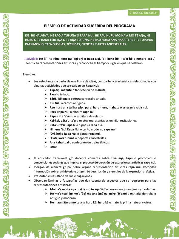 Actividad sugerida LC02 - Rapa Nui - U3 - N°15: Identifican representaciones artísticas y reconocen el tiempo y lugar en que se celebran.