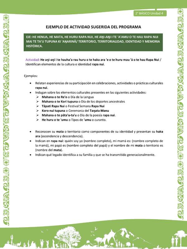 Actividad sugerida LC02 - Rapa Nui - U4 - N°10: Identifican elementos de la cultura e identidad rapa nui.