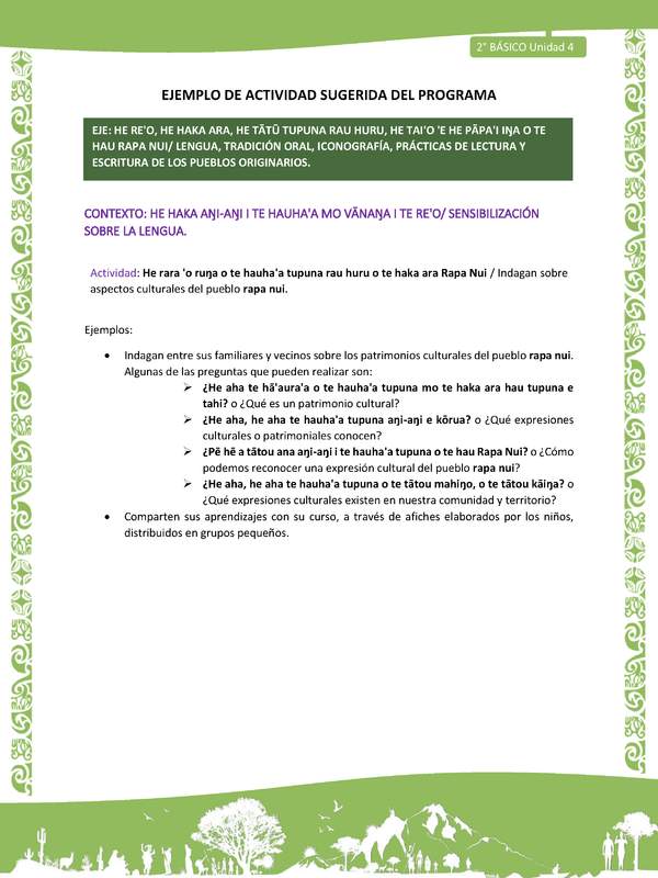 Actividad sugerida LC02 - Rapa Nui - U4 - N°02: Indagan sobre aspectos culturales del pueblo rapa nui.