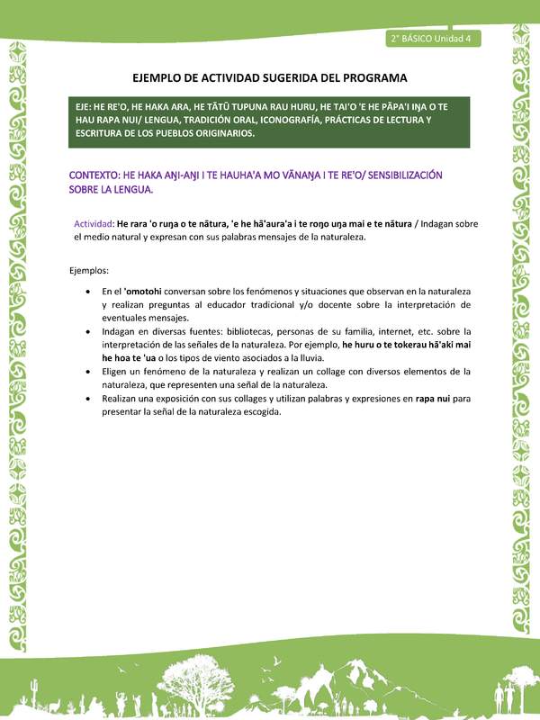 Actividad sugerida LC02 - Rapa Nui - U4 - N°01: Indagan sobre el medio natural y expresan con sus palabras mensajes de la naturaleza.