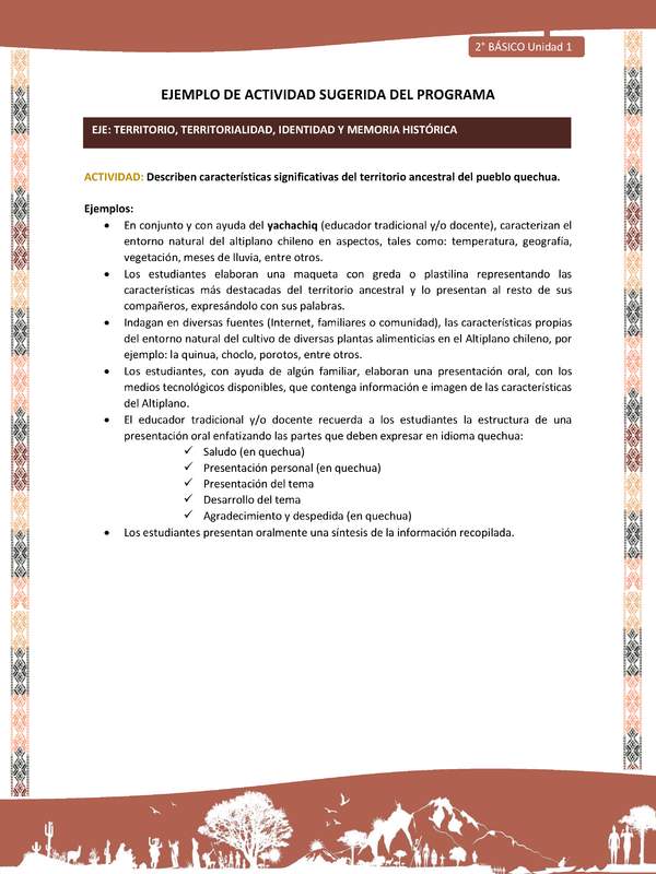 Actividad sugerida LC02 - Quechua - U1 - N°09: Describen características significativas del territorio ancestral del pueblo quechua.