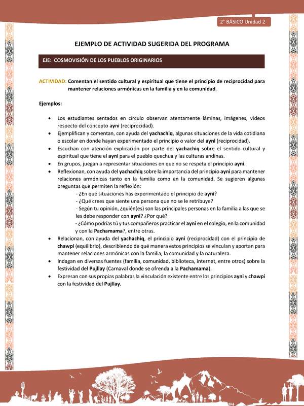 Actividad sugerida LC02 - Quechua - U2 - N°11: Comentan el sentido cultural y espiritual que tiene el principio de reciprocidad para mantener relaciones armónicas en la familia y en la comunidad.